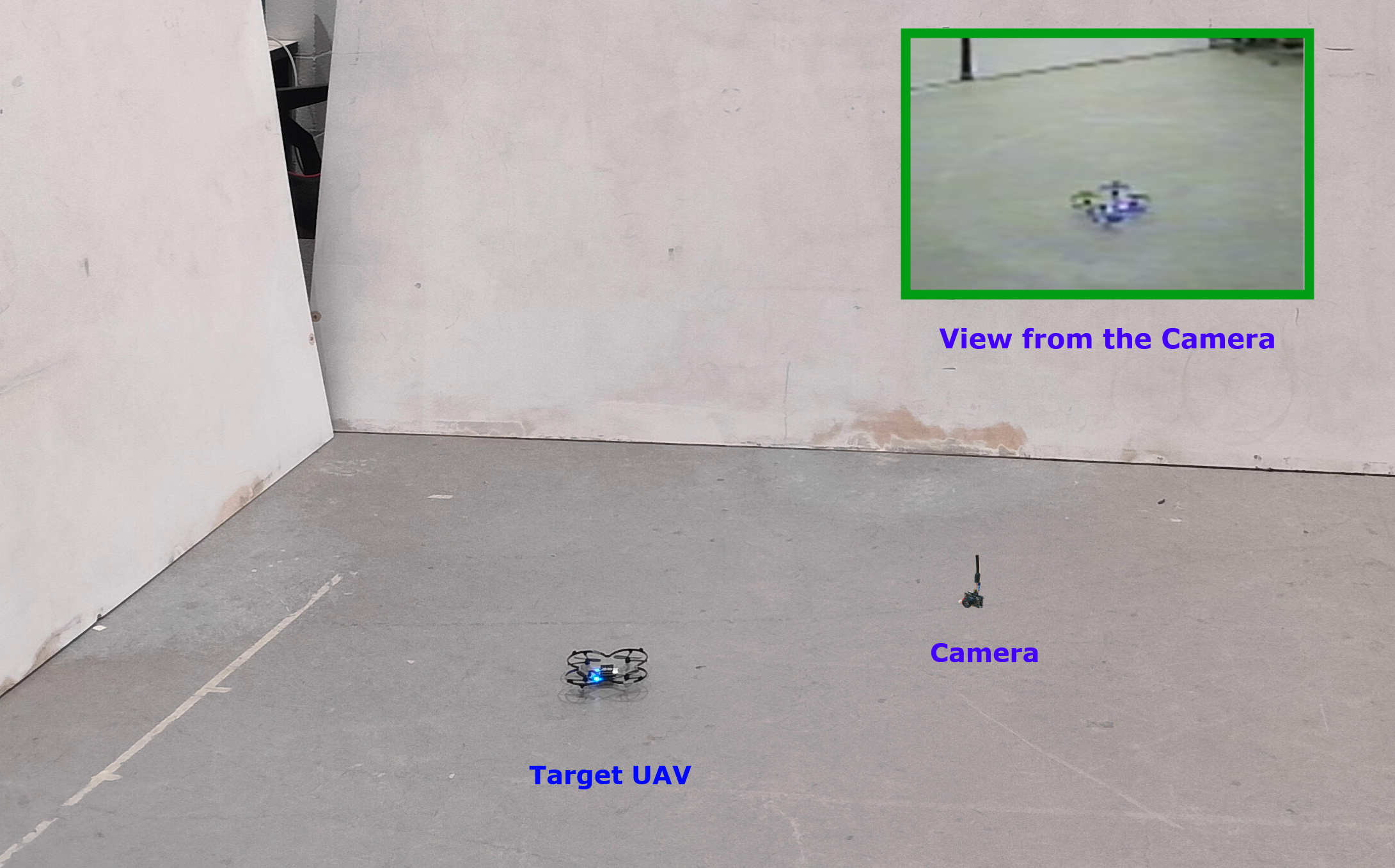 Physical target UAV and onboard tracking camera, with the camera's live view shown inset